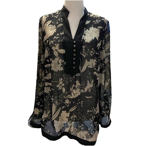 Notations Womens Slit Sleeve Black Tunic Button Down Blouse Sz Small Cottagecore - Picture 1 of 16
